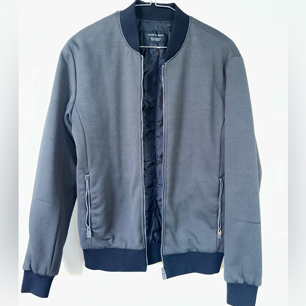Zara Men's Textured Dark Gray Bomber Jacket lightweight waffle S coat sports